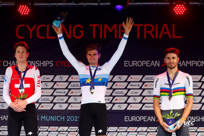 European Championships Munich 2022 - 2022 UEC Road Elite European Championships - Men's ITT - 17/08/2022 - Stefan Bissegger (SUI) - Stefan Kung (SUI) - Filippo Ganna (ITA) - photo Luca Bettini/UEC/SprintCyclingAgency?2022
